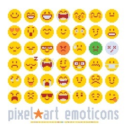 emoticon with various emotions cute faces, pixel art style icons set. colorful vector graphic illustrations isolated on white background.