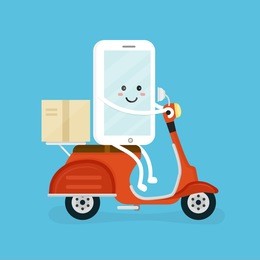 cute smiling happy smartphone, mobile phone app rides on scooter with parcel. vector modern flat cartoon character illustration icon design. speed fast delivery app concept, food courier
