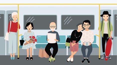 different people at subway. trendy young girls and guys at underground train. horizontal colorful vector illustration in cartoon style.