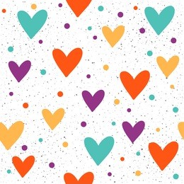 heart seamless pattern background. abstract childish purple, green, yellow, orange heart for design t-shirt, wedding card, bridal  invitation, valentine's day poster, brochures, album, scrapbook etc. 
