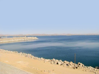 view from the aswan high dam across the lake nasser, egypt