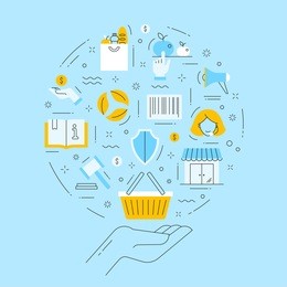 the vector concept about consumer rights protection in thin line style. design including symbols of select, safety, support, law and etc. on the blue background.