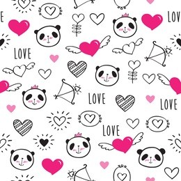 seamless pattern with hand drawn cute pandas and hearts for textile, wallpapers, gift wrap and scrapbook. elements for mother's day, valentine's day, birthday, wedding.  vector.