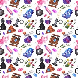 seamless pattern with magic things. magic book, potion, cauldron, crystal, magic stones, candle, black cat, dried flowers. witch's background
