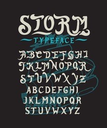 font storm. hand crafted stylized retro vintage typeface design. original handmade lettering type alphabet on navy background. authentic handwritten font, vector set letters. art script logo, label.