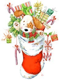 cute cartoon puppy illustration. watercolor background for christmas. dog year greeting card.