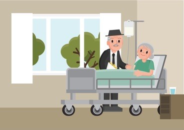 a senior man visits a patient lying on hospital bed. senior woman resting in a bed. grandfather visits sick grandmother. flat cartoon style vector illustration.