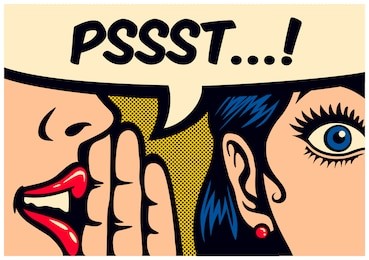 
pop art style comic book panel gossip girl whispering in ear secrets with speech bubble, rumor, word-of-mouth concept vector illustration