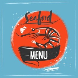 drawn logo shrimp on blue background with sketch elements
