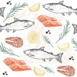 hand drawn salmon fish seamless pattern