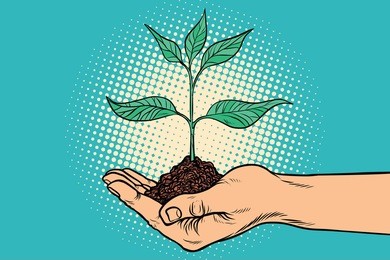 green sprout in hand. horticulture and agriculture. ecology and environmental protection. pop art retro vector illustration