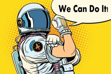 we can do it astronaut. cosmonaut gesture. pop art retro vector illustration