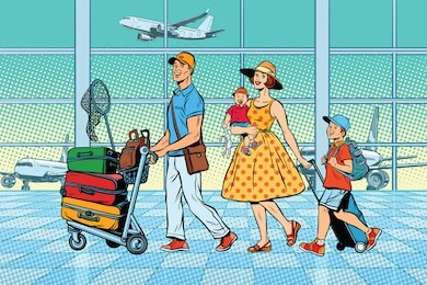family travelers at the airport. pop art retro vector illustration. air transport