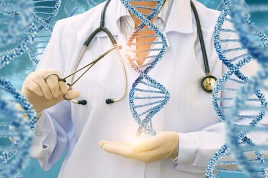 study of dna molecules by a doctor on a blue background.