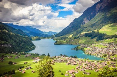 aerial view on lungernsee lake near luzern, switzerland, europe