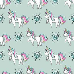 seamless pattern with hand drawn unicorn and diamond