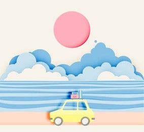 road trip on the beach with paper art style and pastel color scheme vector illustration
