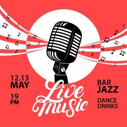 live music poster with a microphone for concert, party. vintage retro style. hand written lettering. vector illustration.