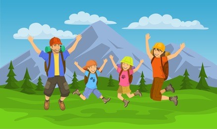 happy family, jumping for joy to go camping, travel, hiking or trekking outdoors scene. mountain landscape background