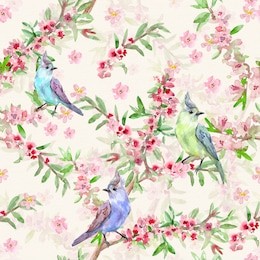 retro flower seamless texture with cute birds. watercolor painting