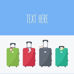four luggage in the airport. departing background with space & text on flat design. baggage & suitcases isolated cartoon vector. holiday & vacation for tourism 