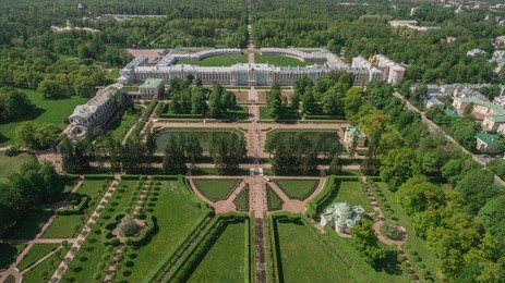 aerial view of catherine palace and catherine park in pushkin, russia