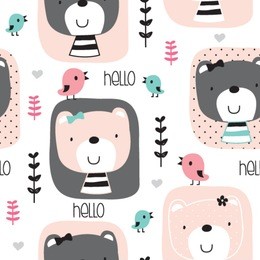 seamless pattern with teddy bear and bird, teddy bear cartoon, wrapping paper, bedding pattern for kids, vector textile fabric print