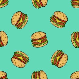 burger, hamburger, cheeseburger fast food vector seamless pattern. junk food on green