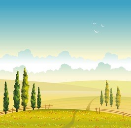 summer vector landscape with green cypress, field with red flowers and cloudy sky. natural illustration. 
