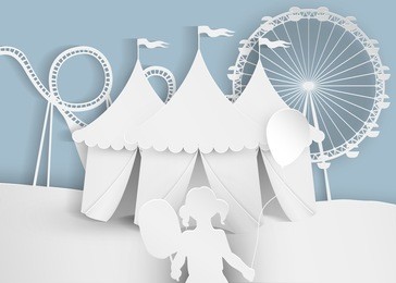 paper style style - circus, circus tent, child, girl, sweet wool, balloon, ferris wheel, roller coaster. vector illustration.