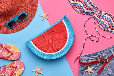 fashion. summer clothes, accessories set. beach outfit. flat lay. trendy swimsuit bikini, stylish sunglasses. creative art.  hot vibes. vacation concept