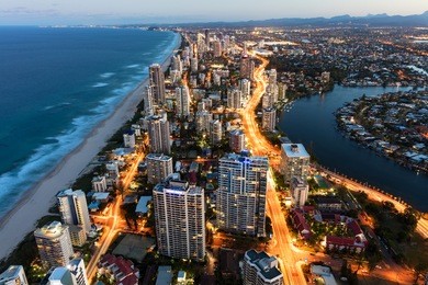 southern gold coast looking towards broadbeach at dusk
