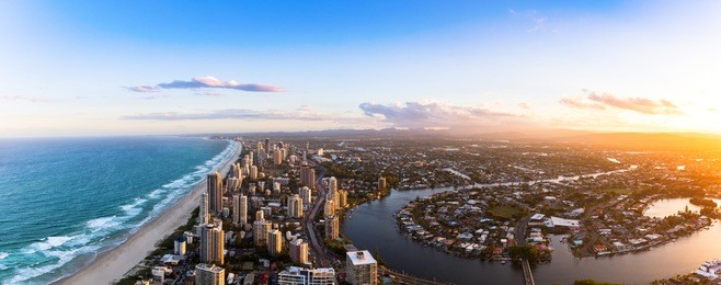 panorama of southern gold coast looking towards broadbeach at dusk
