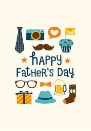 happy father's day greeting card or postcard with cute icons and design elements collection, mustache, bow, tie, glasses, hat, camera, gift box and sock. flat design. vector illustration. 