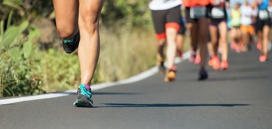 marathon running race, people feet on road