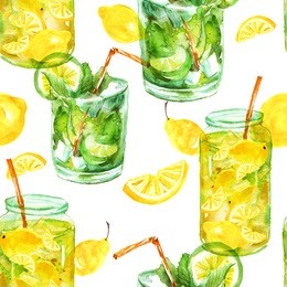 seamless watercolor pattern with a drink, cocktail with lemon, ice, mojito, smoothies. fruit lemon, mint leaf. vintage drawing on white background