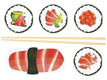 delicious japanese sea food, sushi set on white background.