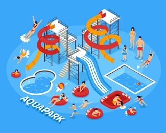 water park and swimming with people and recreation symbols isometric vector illustration 