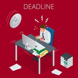 deadline concept of overworked man  time to work  time management project plan schedule  sand clock flat 3d vector isometric illustration
