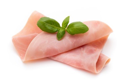 sliced boiled ham sausage isolated on white background, top view
