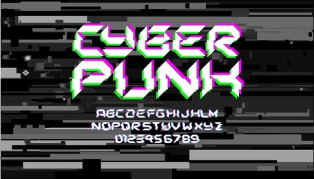 cyberpunk glitch hi-tech space techno font lettering on digital glitch background cyberpunk style vector design composition with stereo vision effect