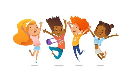 happy school multiracial children joyfully jumping and laughing isolated on white background. concept of happiness, gladness and fun. vector illustration for banner, poster, website, invitation.