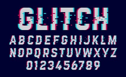 trendy style distorted glitch typeface. letters and numbers vector illustration.
