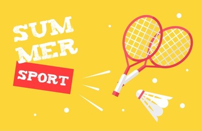 summer sport banner with badminton rackets and shuttlecock. flat style. vector background.