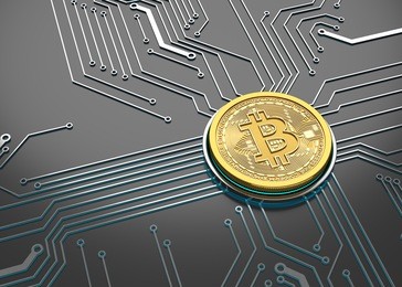   bitcoin concept, golden coin on a circuit board. 3d illustration
