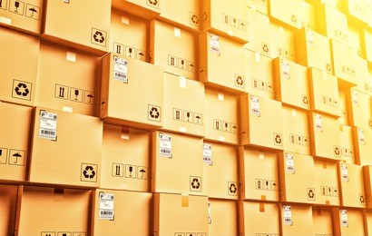 logistic and distribution warehouse, packages and parcels delivery concept, stack of cardboard boxes, 3d illustration