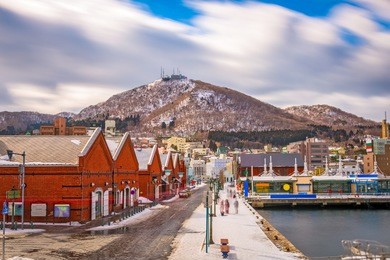 hakodate, japan cityscape at the historic red brick warehouses and mt. hakodate.