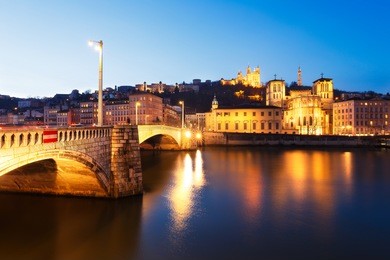 saint jean baptiste cathedral and fourviere at lyon by night
