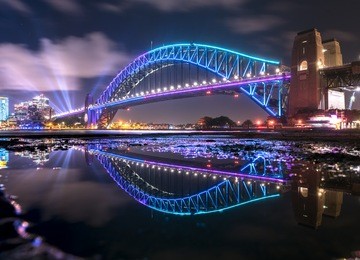 reflection of the sydney harbour bridge in a puddle, sydney australia