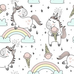 vector pattern with cute unicorns, clouds,rainbow and stars. magic background with little unicorns.